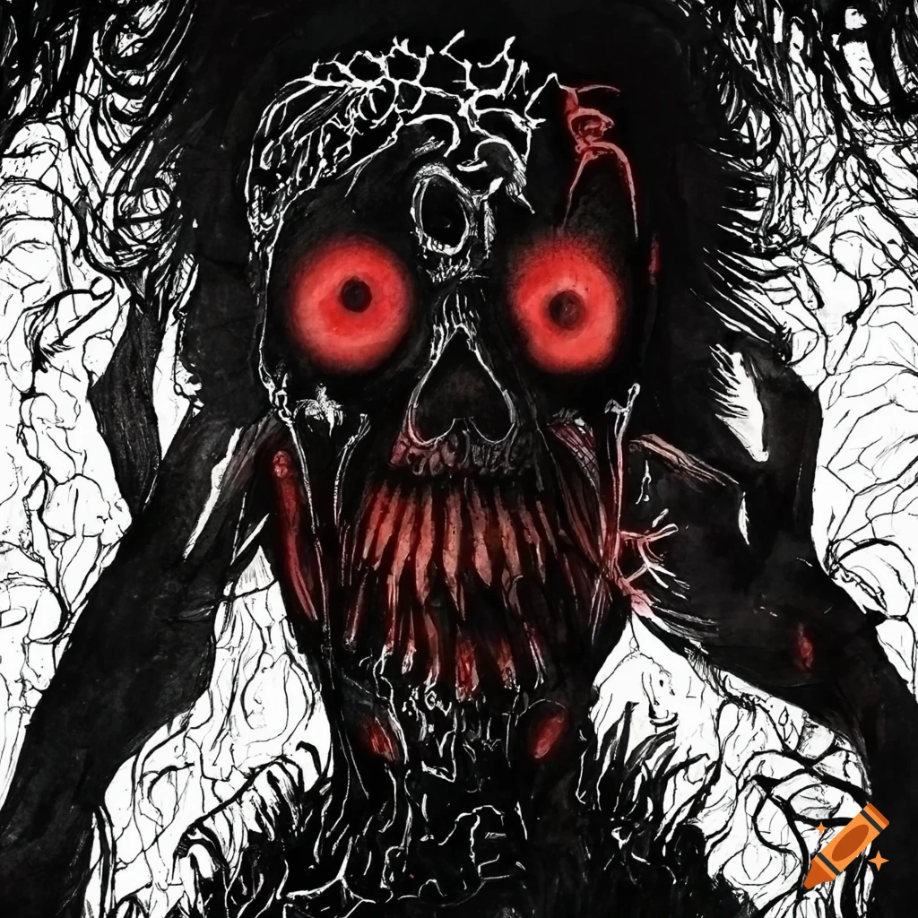 Intricate black, red, and white ink drawing of a tormented ghost with extreme anxiety
