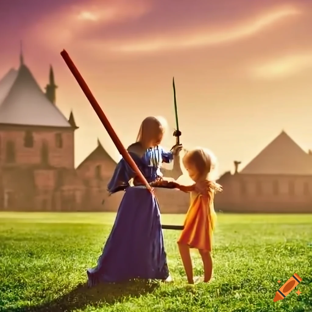 Family playing with sticks on grass outside medieval jousting arena