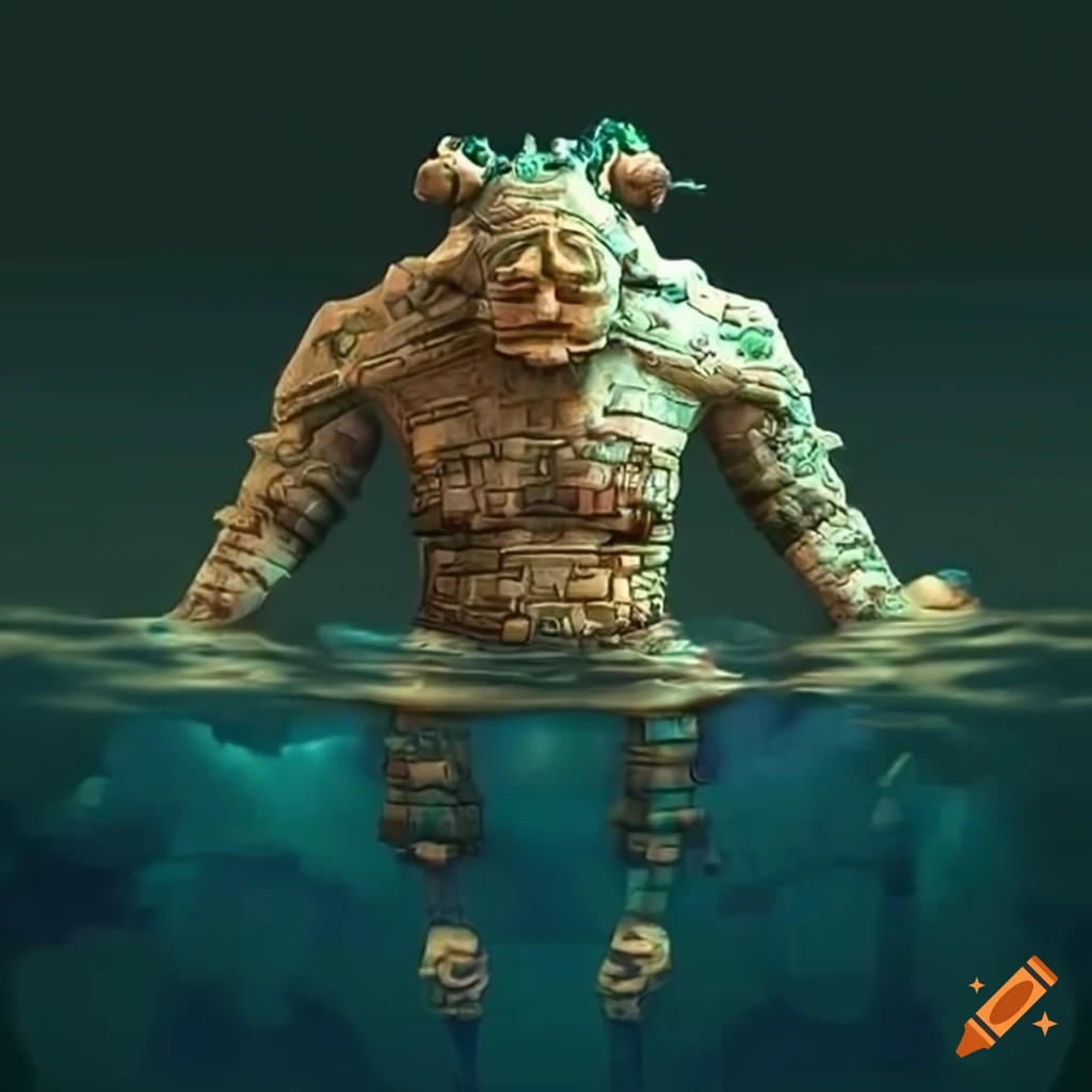 Ancient Aztec golem floating on still water