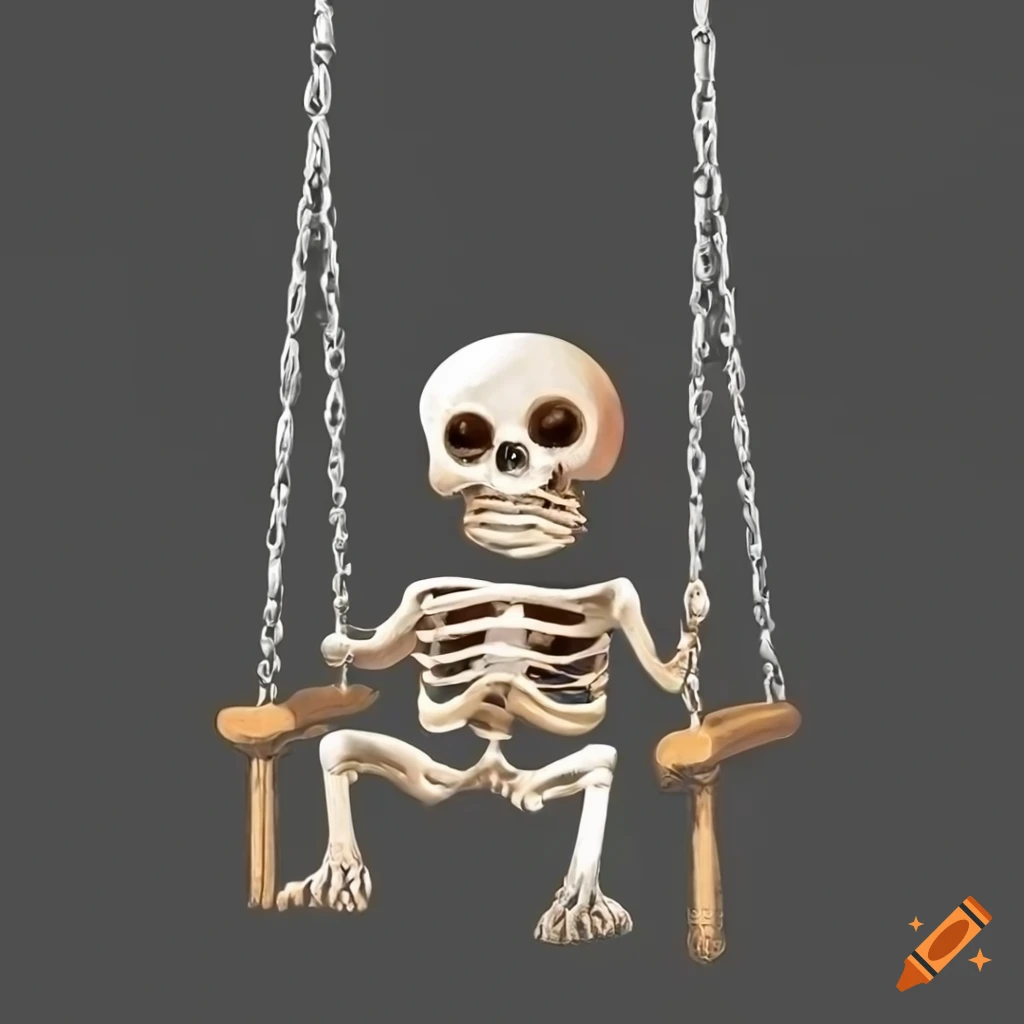 Cute skeleton sitting on a swing against a black background
