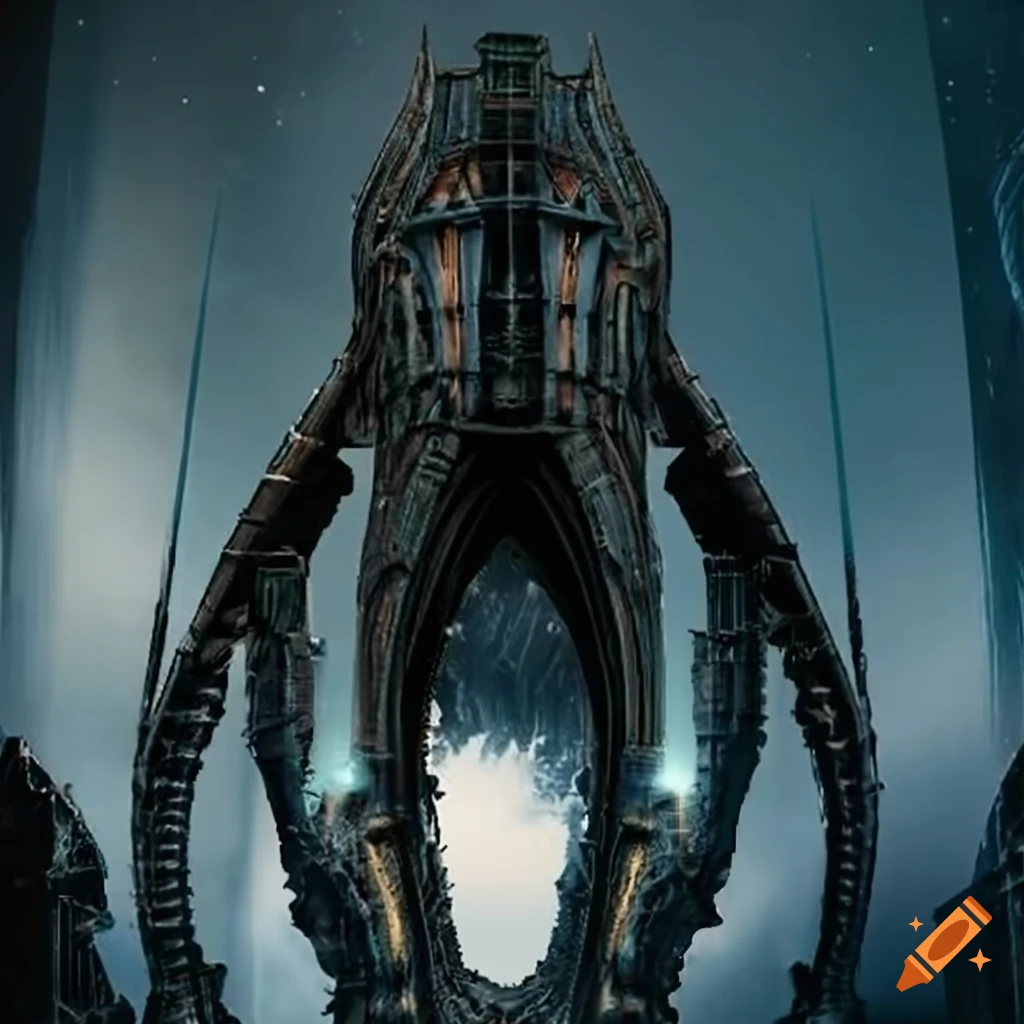 Dark and imposing Genesis Ark spacecraft blending advanced technology with organic design