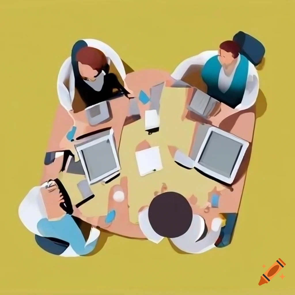 Top-down view of people collaborating on a task in yellow, black, white, and grey colors in a cartoon style