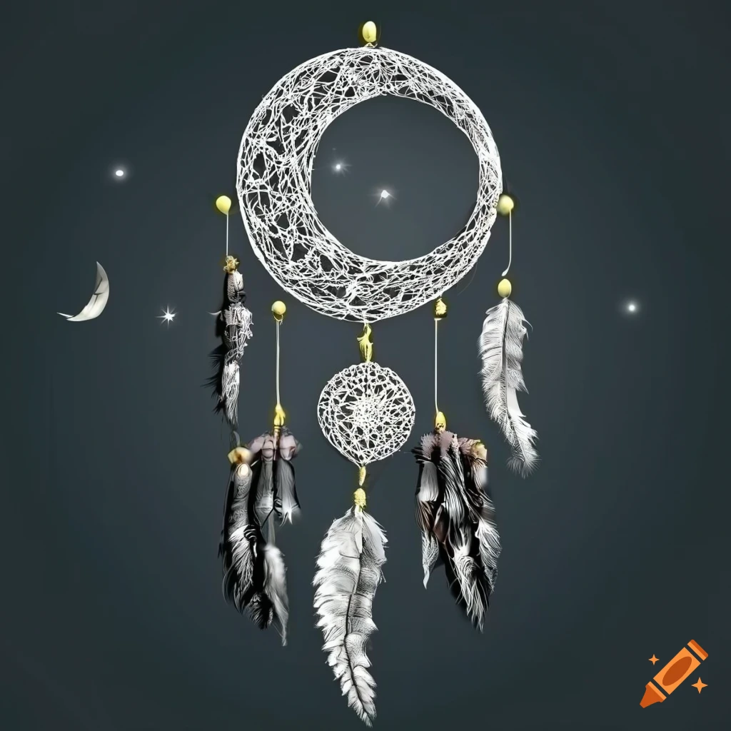 Intricate black and white 3D dreamcatcher design with a crescent moon