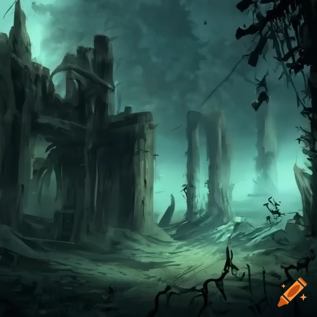 Ruins in an anime-style dead forest with a dark theme