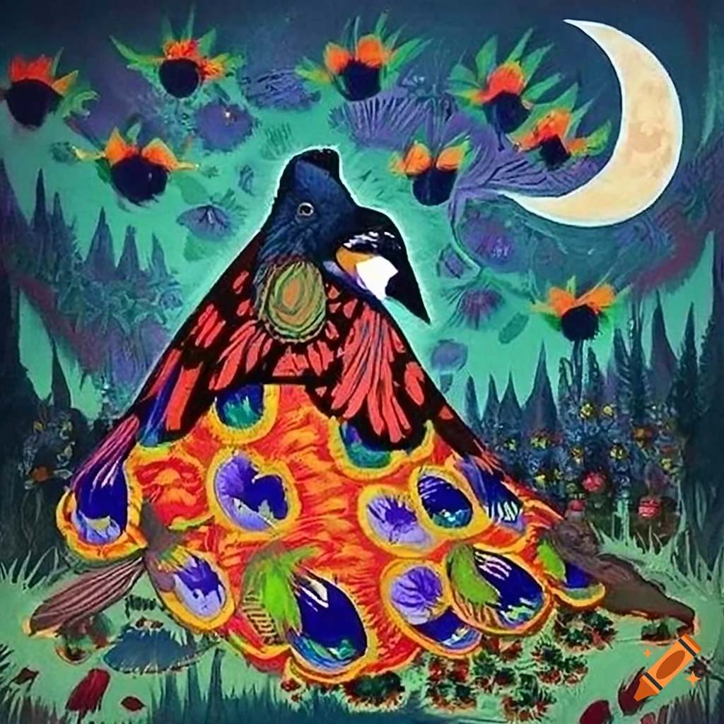 Artistic collaboration depicting a mystical Curandera Raven and Mother Goose in a storybook illustration