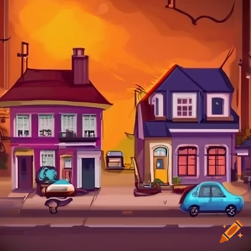 Cartoonish small town street in a 2D game style