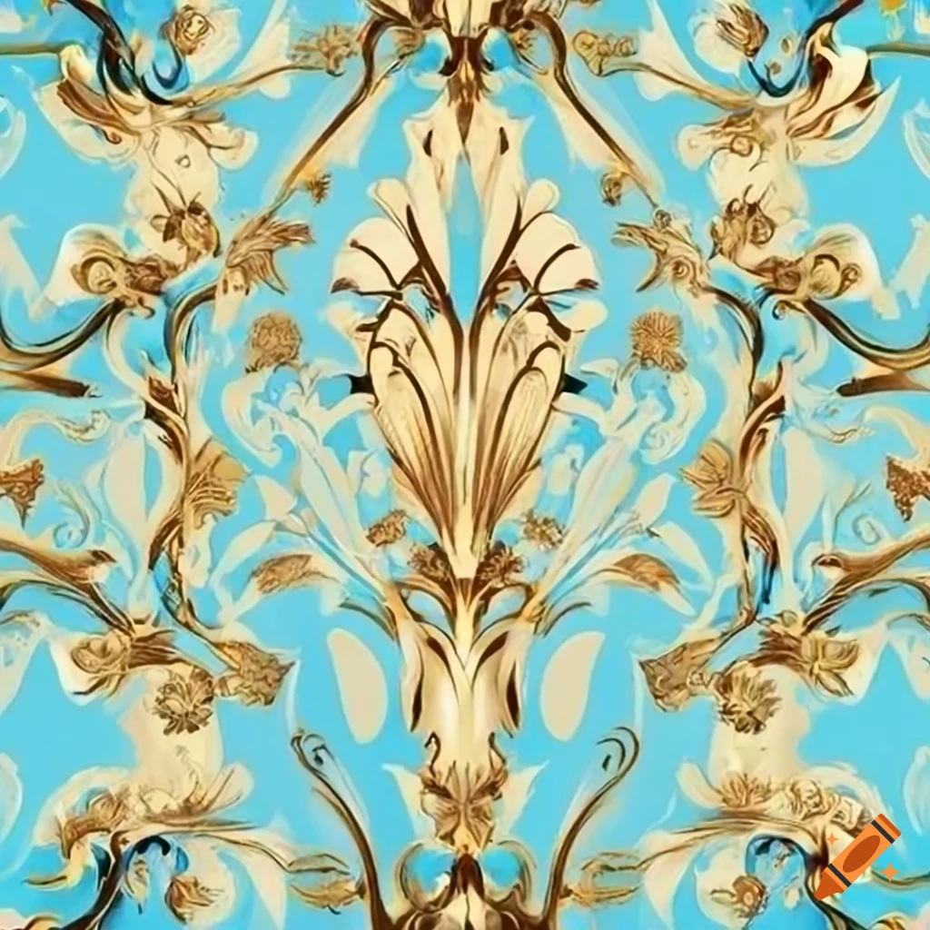 French art deco wallpaper with golden flower ornaments on opal background
