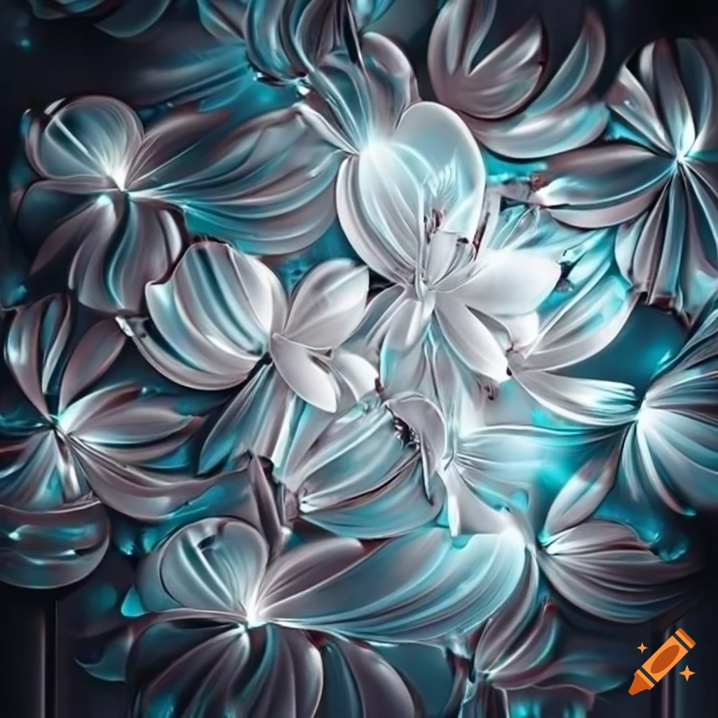 Abstract metallic flowers on a shiny silver backdrop