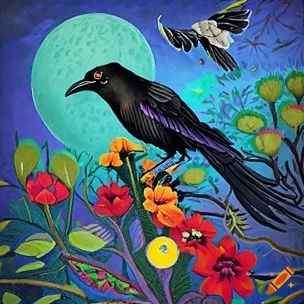 Illustration of a mysterious Black Raven in a hooded cloak of iridescent Peacock feathers