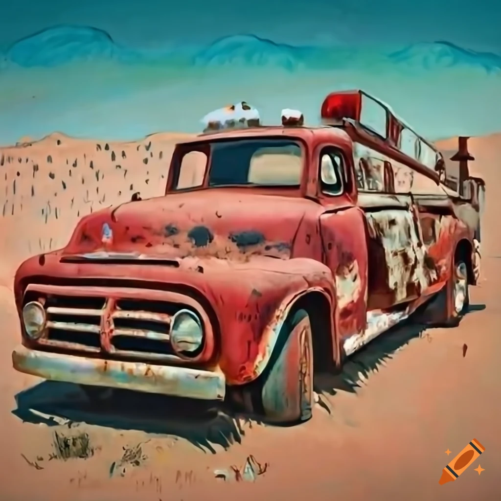 Vintage red Ford C-Cab fire truck in the desert on Route 66 in Van Gogh style painting