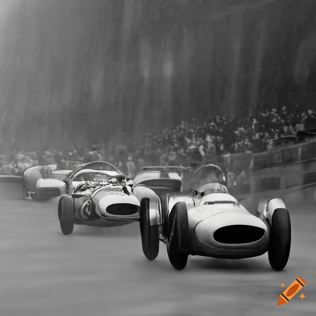 Vintage Monaco Grand Prix 1960 racecars on raceway with tribunes and people under rain shower, surreal detailed illustration