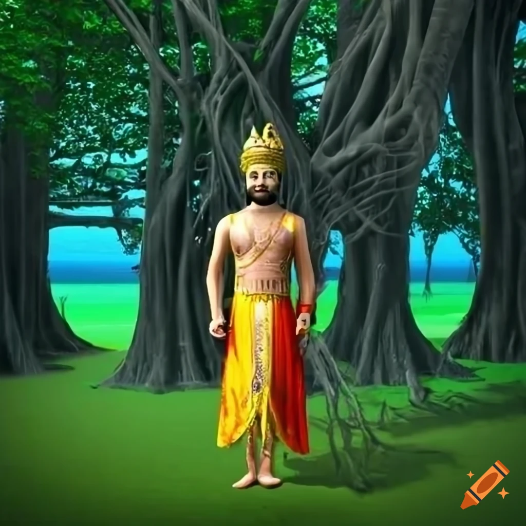 Indian king in royal robe under a banyan tree with a ghost on his shoulder