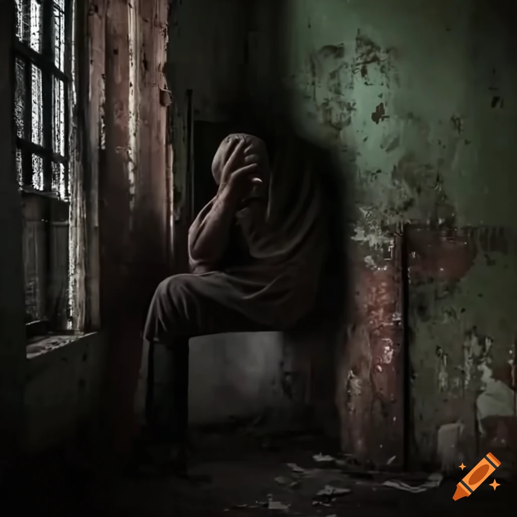 Creepy homeless man in corner of abandoned factory with flashlight