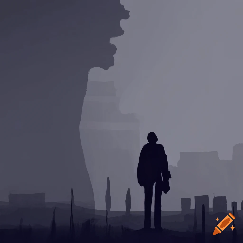 Gray male silhouette in urban desert rain haze