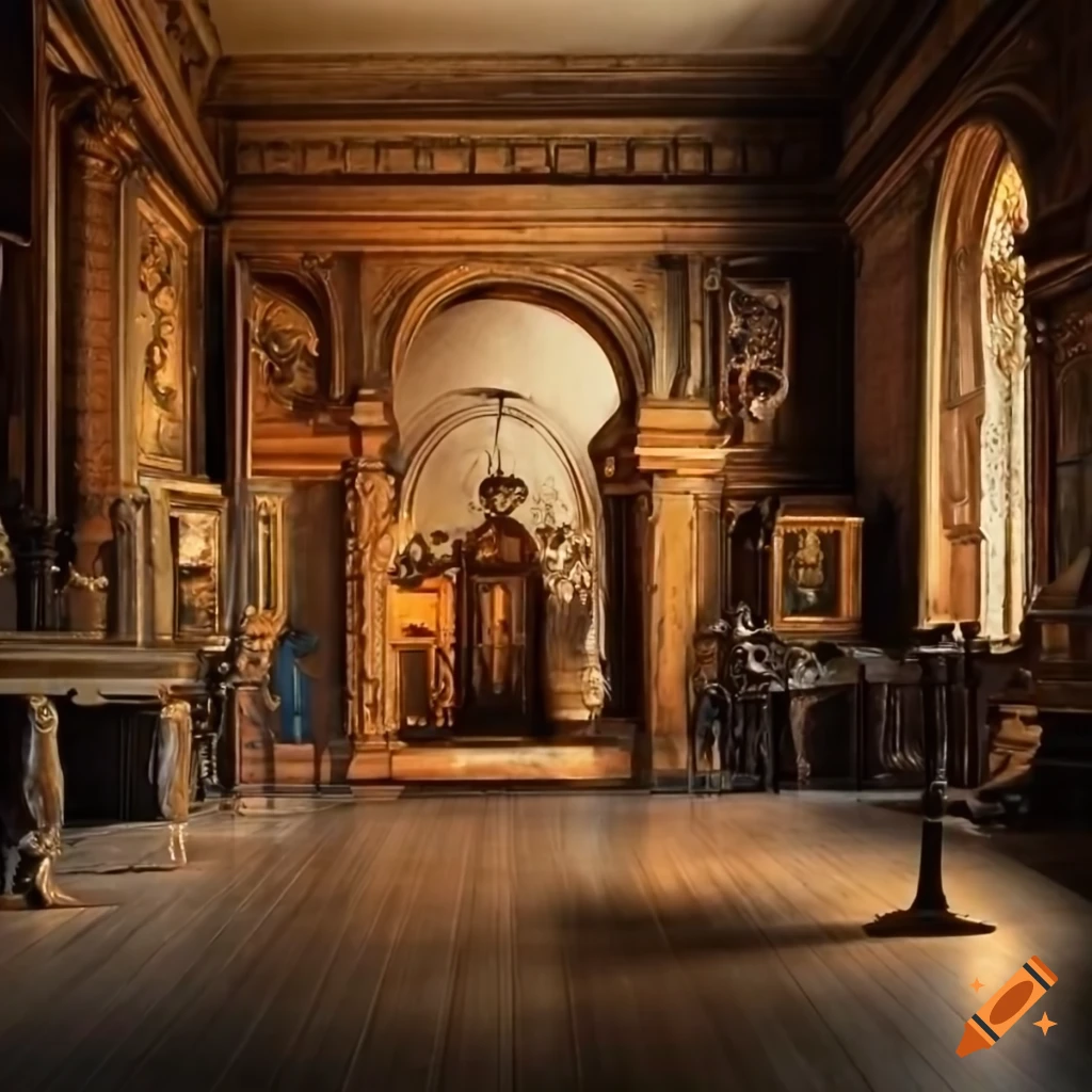 Hall with antique artifacts in a showroom