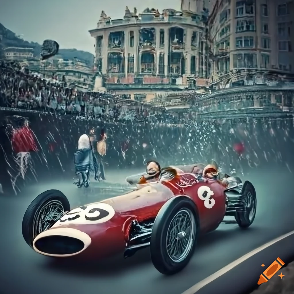 Vintage Monaco Grand Prix 1960 with racecars on the raceway and tribunes with people in the rain