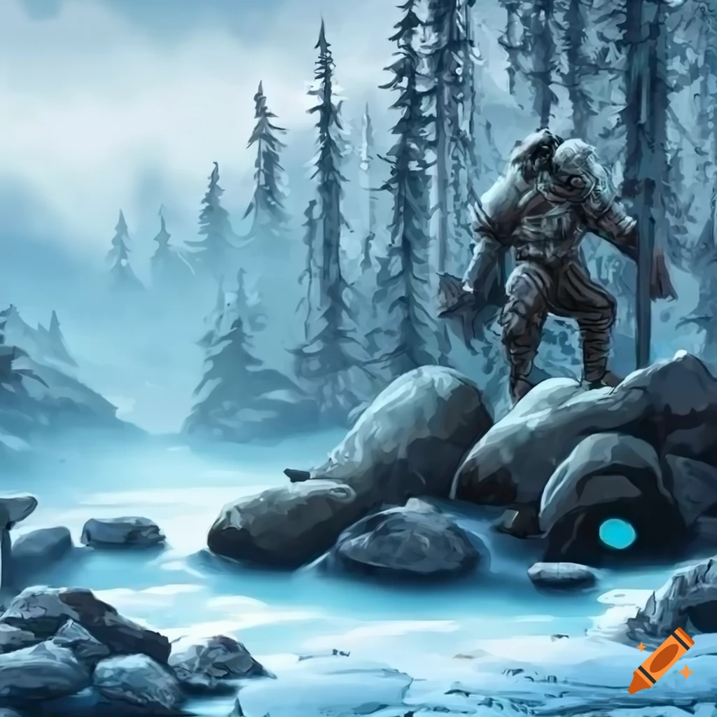 Angry Pathfinder 2e frost giants by a stream in a snowy taiga forest
