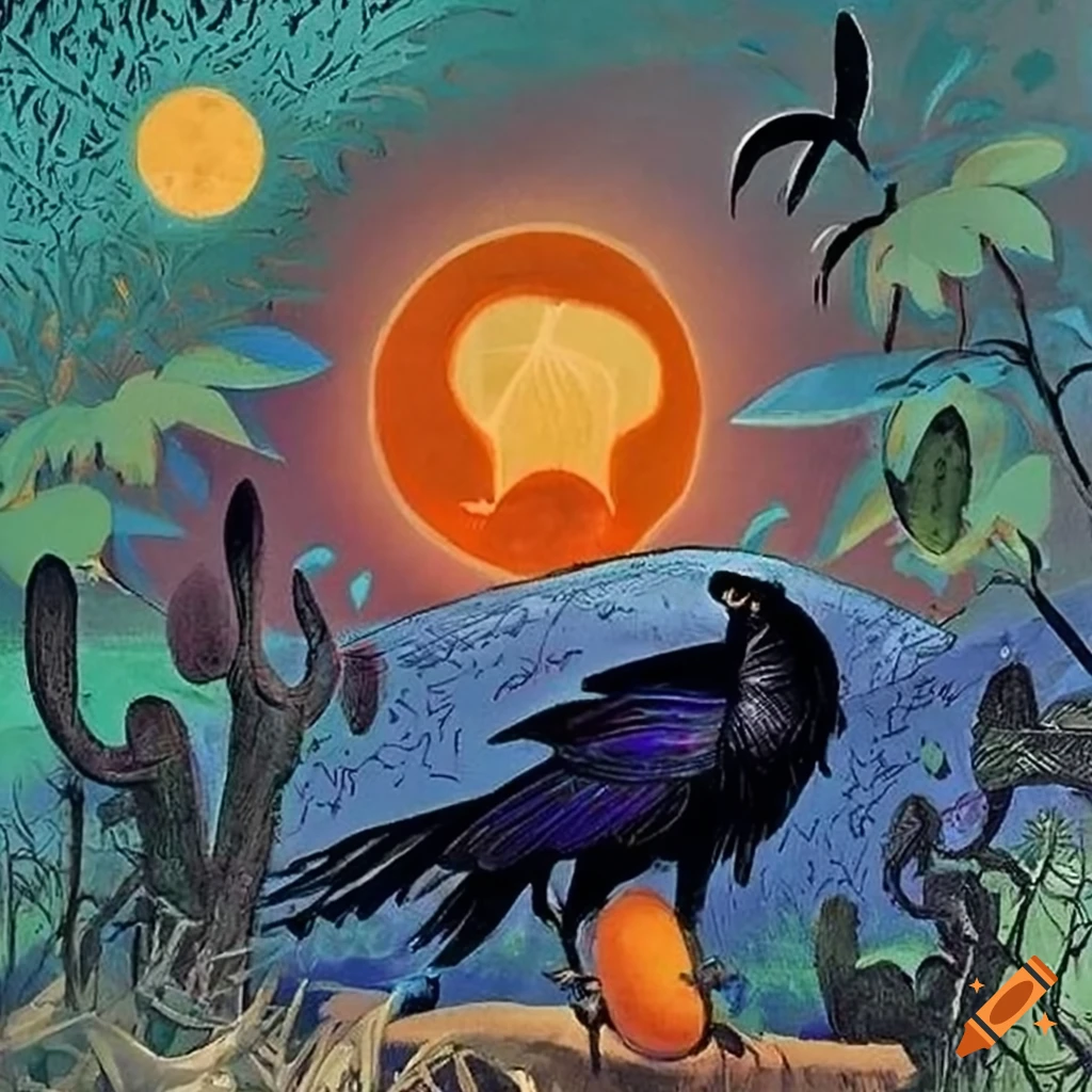 Illustration of a mysterious Black Raven in a hooded cloak of iridescent Peacock feathers