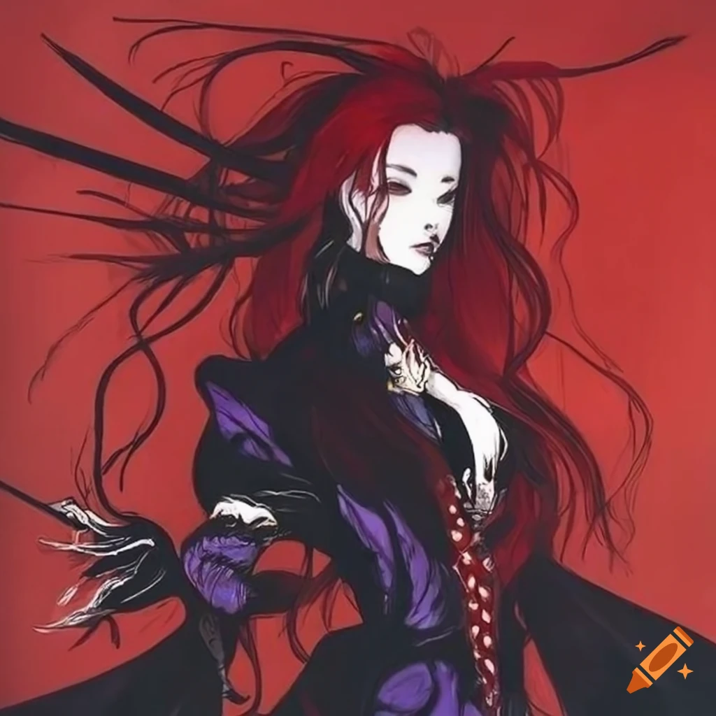 Female vampire with dark red hair in the style of Yoshitaka Amano