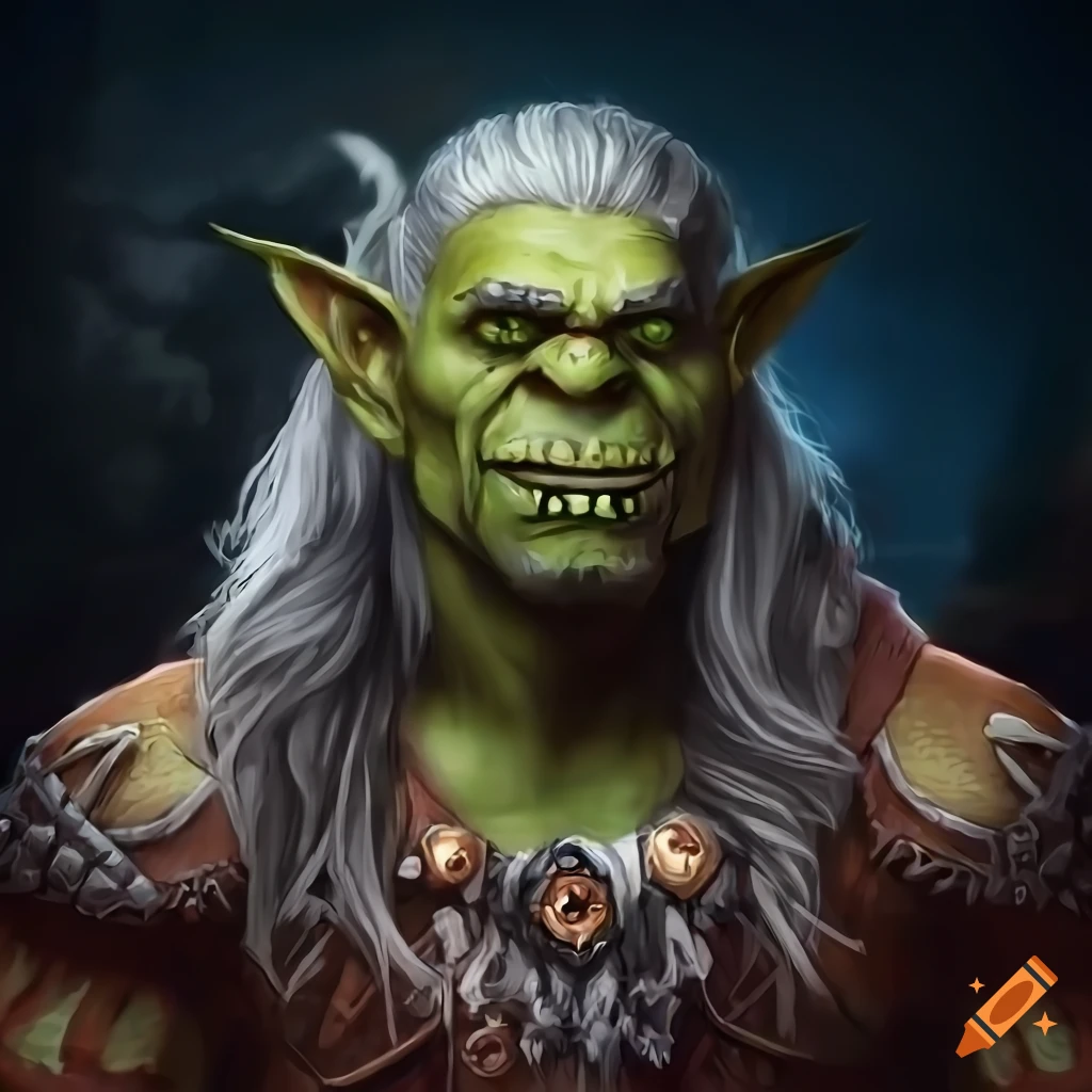 Male orc with long gray hair and red eyes wearing orc champion's belt