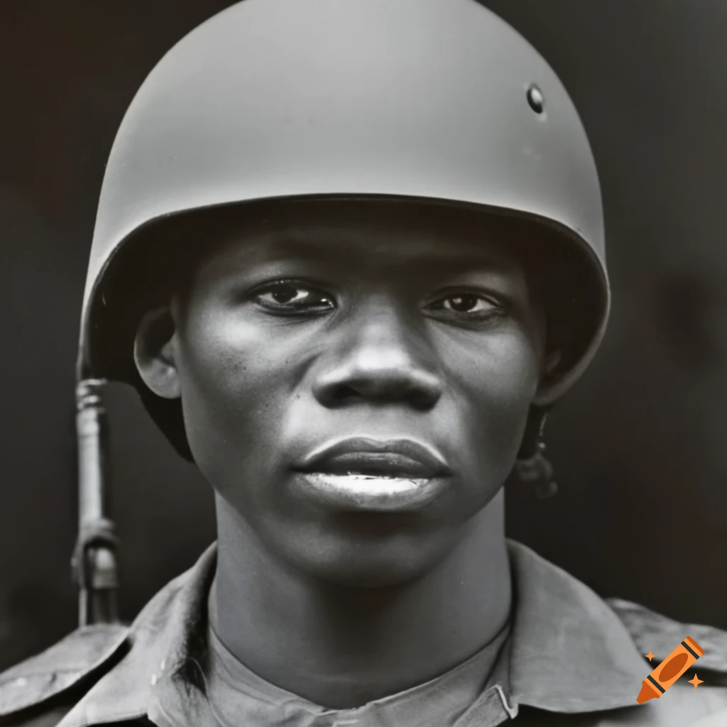 African soldier in vintage American M1 helmet