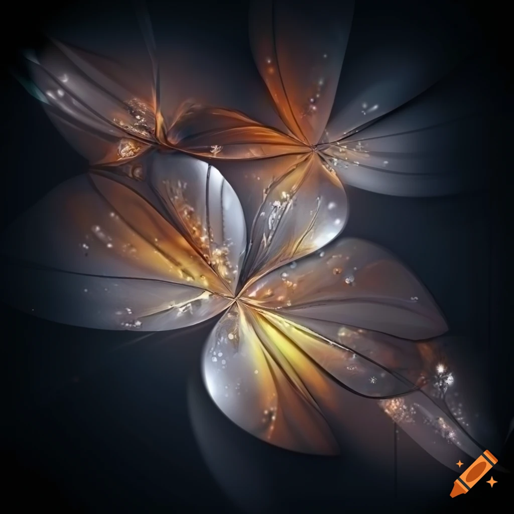 Abstract artwork with silver leaves, sparkling flowers, and golden hues on a dark background