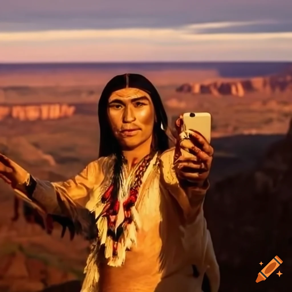 Native American in traditional garb taking a selfie with pueblo cliffs in the background