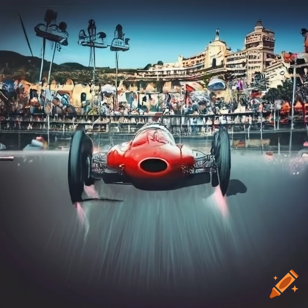 Vintage Monaco Grand Prix 1960 race with racecars and tribunes under rain shower, surreal illustration