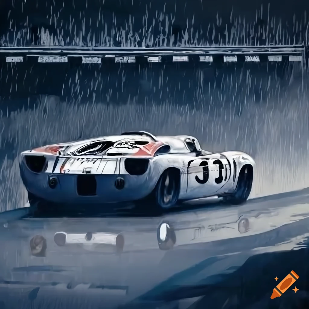 Vintage Indy Grand Prix with Porsche 917 and Ford GT 40 on raceway in rain shower