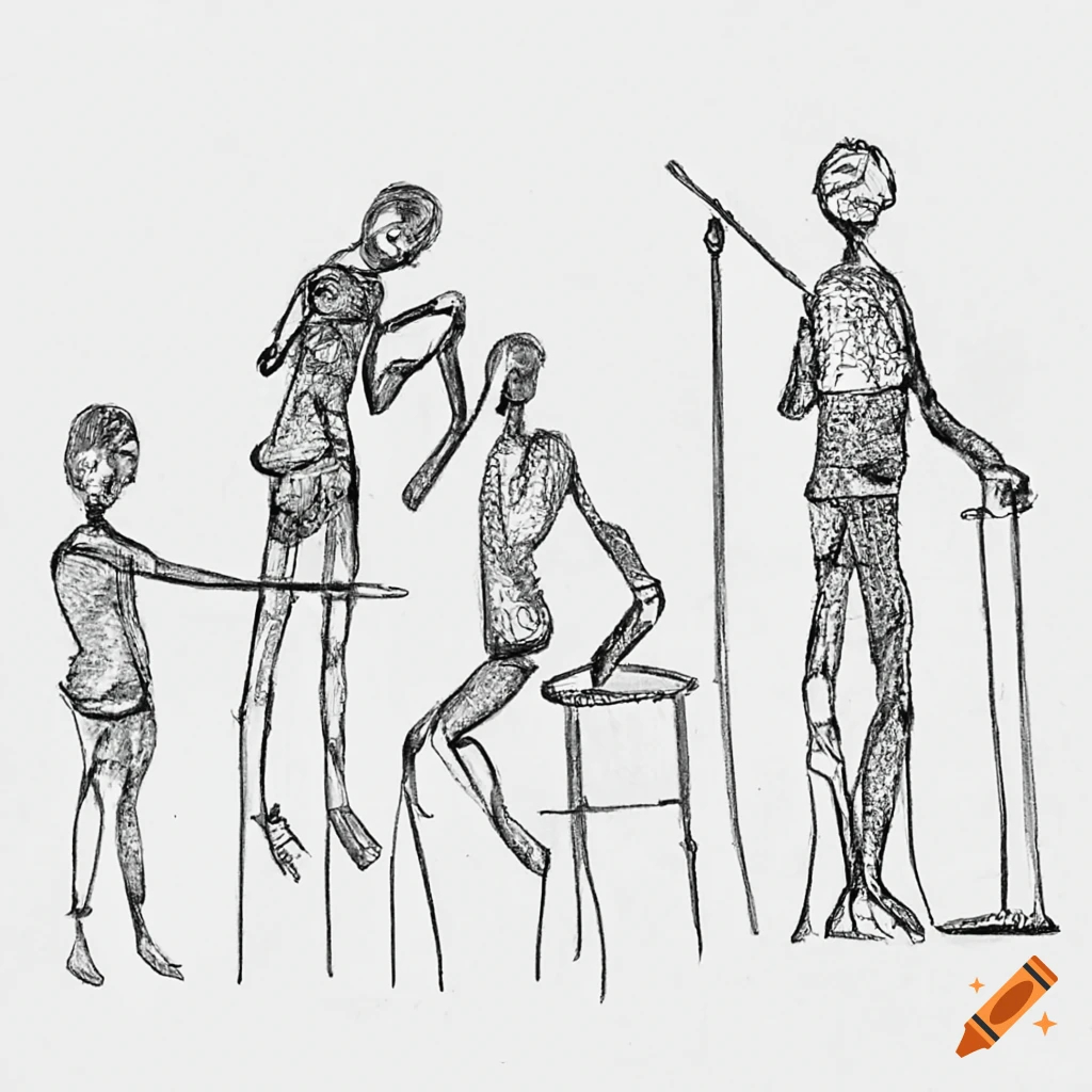 Schematic human figures engaged in theatrical, musical, dance, and artistic activities