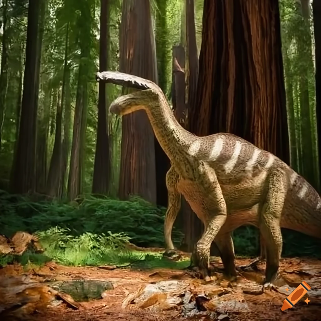 Two parasaurolophus in a forest clearing with ferns and fallen trees