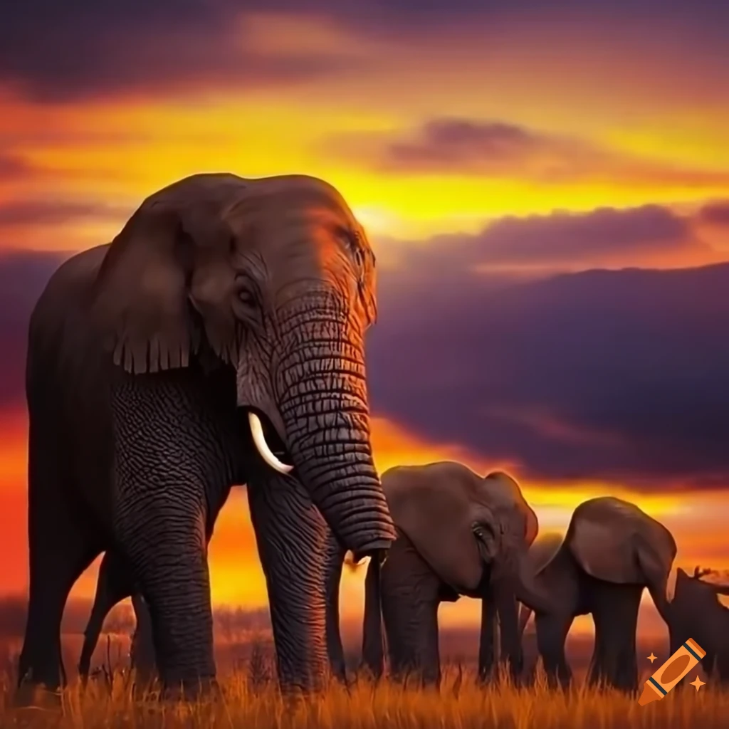 Family of elephants in Africa with a stunning sunset
