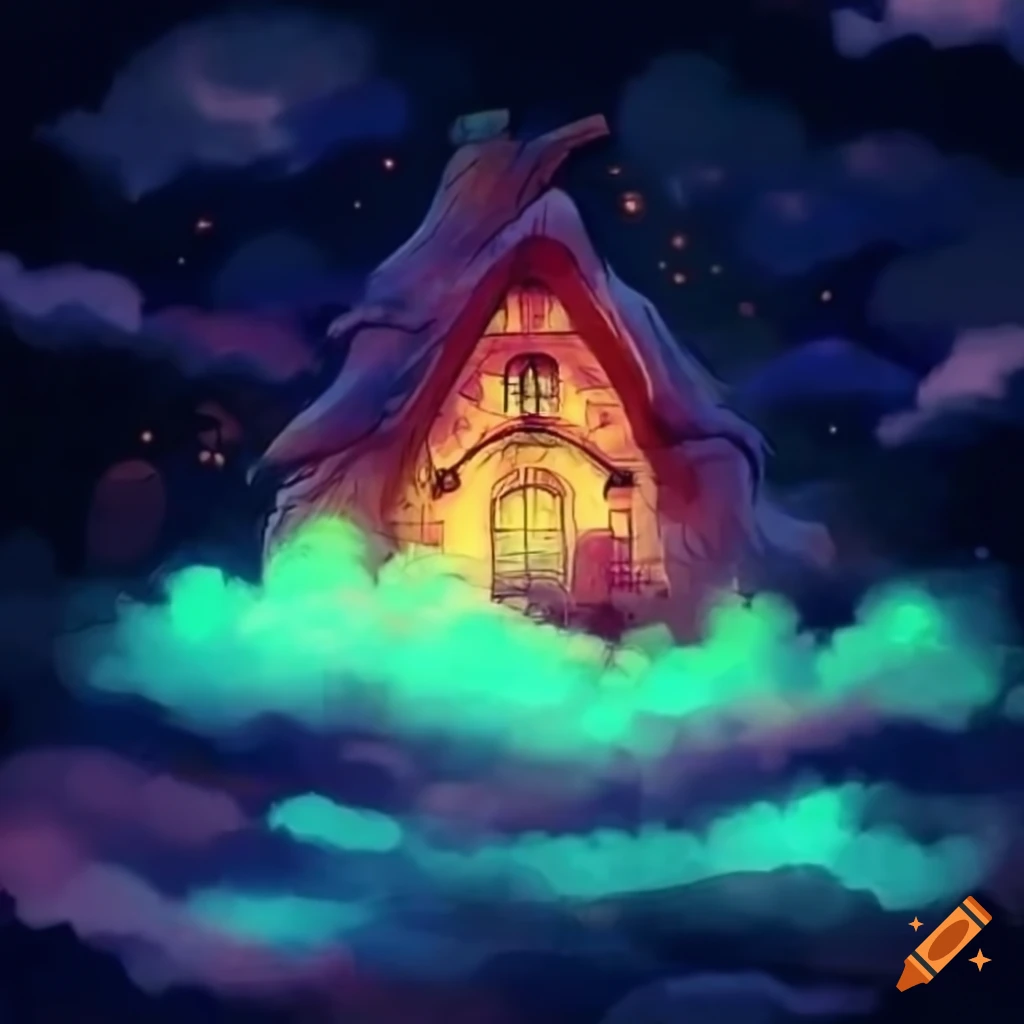 Witch house in the clouds with dramatic anime lighting by studio ghibli ...