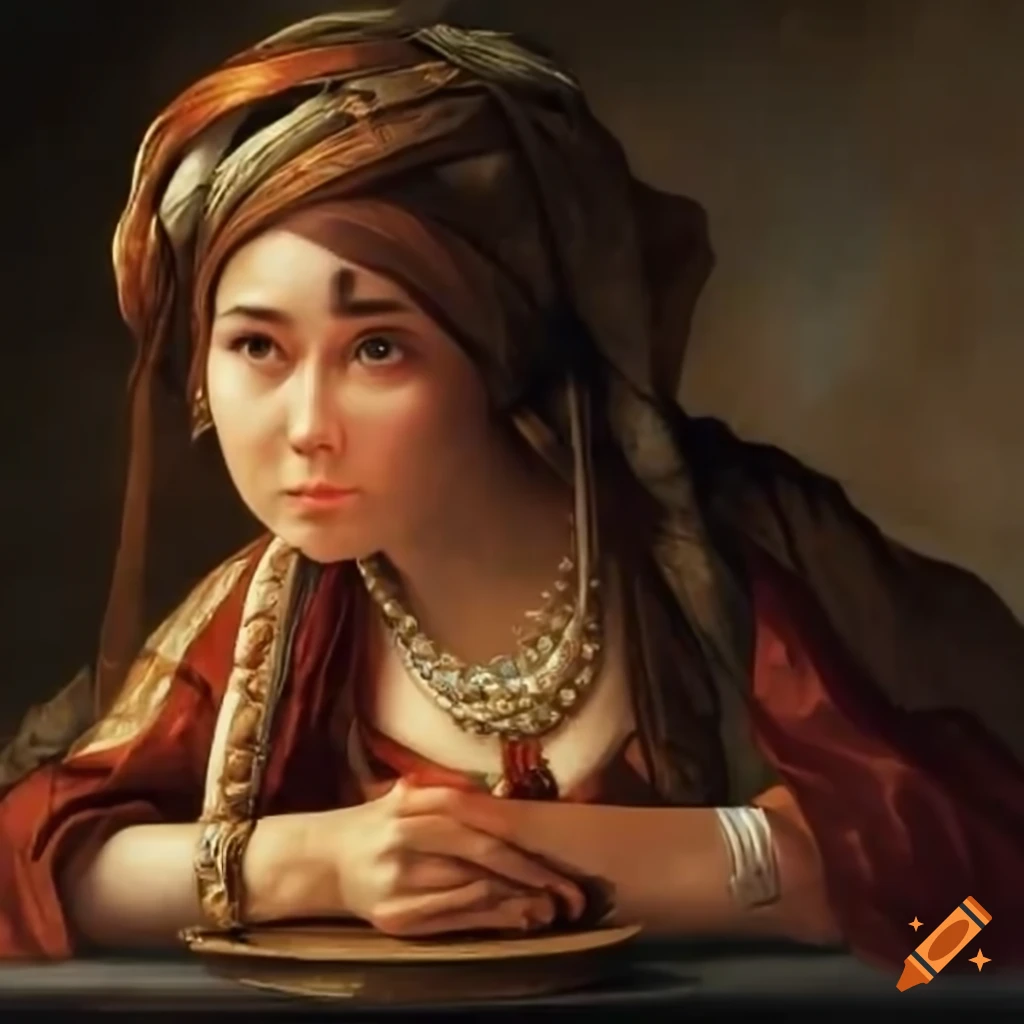 Oriental woman with navigation equipment including a compass on a table in ancient times