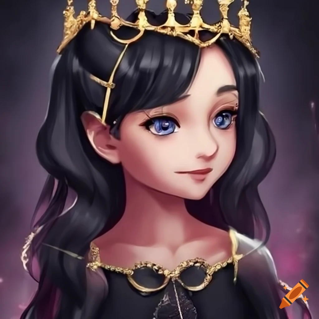 Young princess with black hair and enchanting black eyes at a magical academy