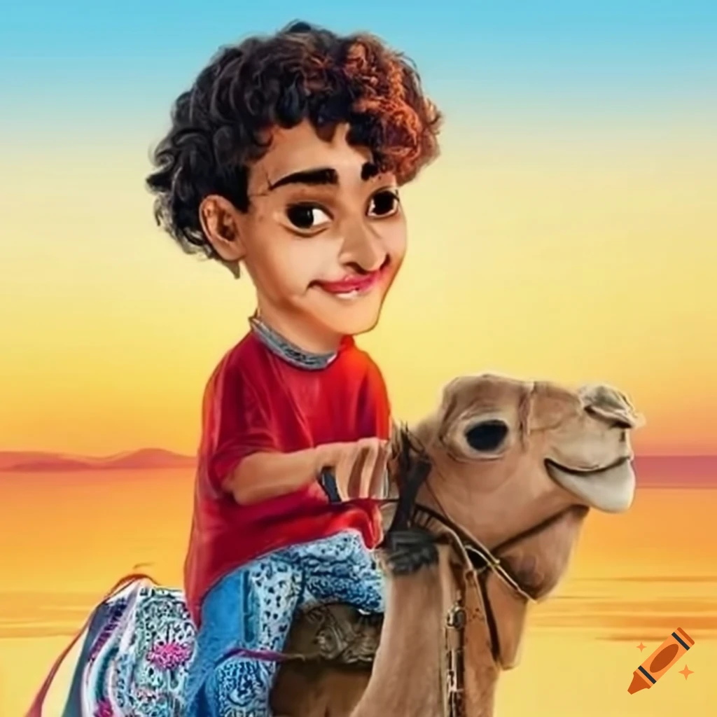 Arab student riding camel to school in New York City with a gap in front teeth