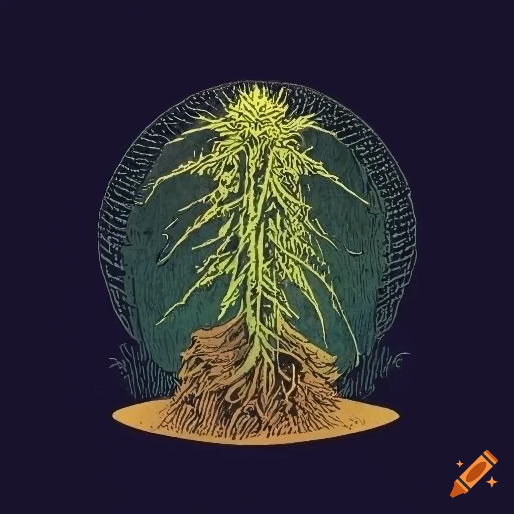 Detailed futuristic plant drawing with cannabis, styled after Hilma af Klint and Hiroshige on ancient paper