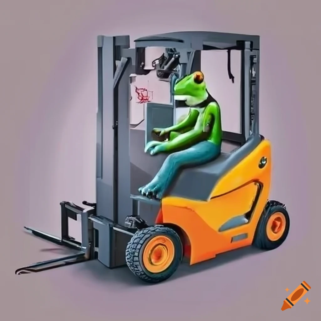 Green frog sitting on an electric forklift