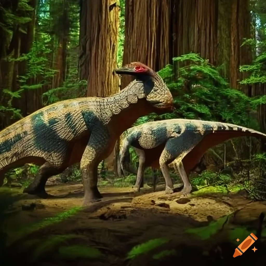 Two Parasaurolophus in a forest clearing with fallen trees and ferns