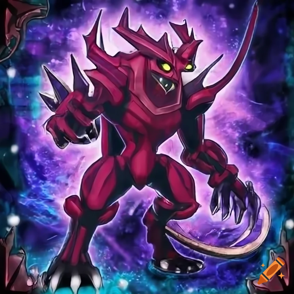 Yu-Gi-Oh card art featuring a fiend with red and blue helmet in a digital style