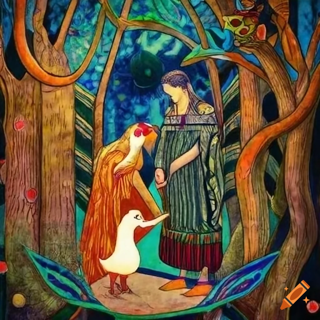 Mystical Curandera Raven and elegant Mother Goose in a storybook illustration