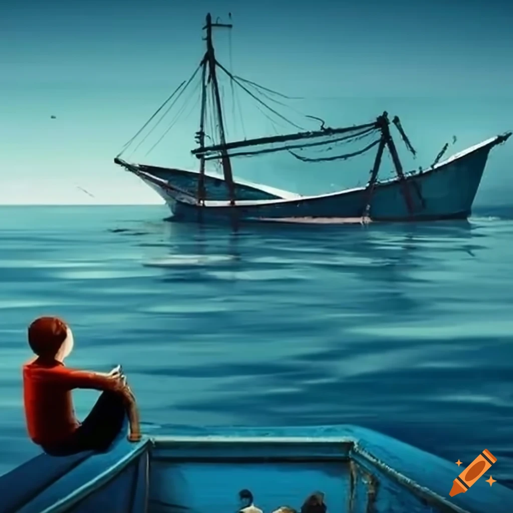 Sinking ship with a person escaping to an island on a small boat