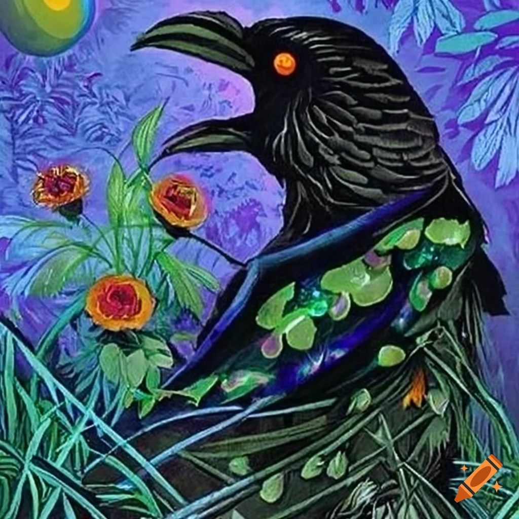 Illustration of a mysterious Black Raven in a hooded cloak of iridescent Peacock feathers