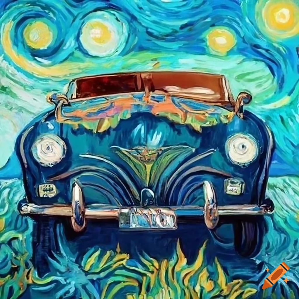 Whimsical artwork of Eric Clapton, Buddy Guy, and Vincent van Gogh traveling in a vintage cabriolet