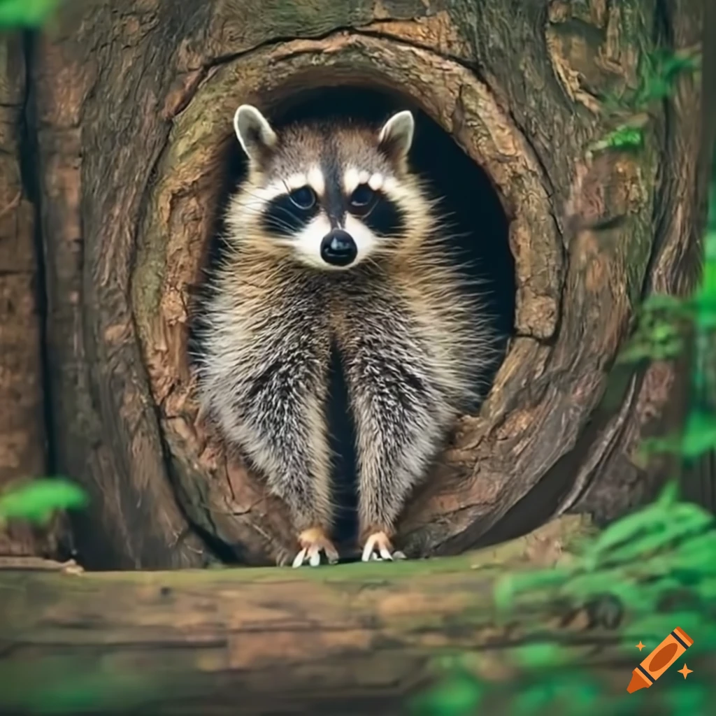 Cute raccoon in a cozy tree hollow within a lush forest