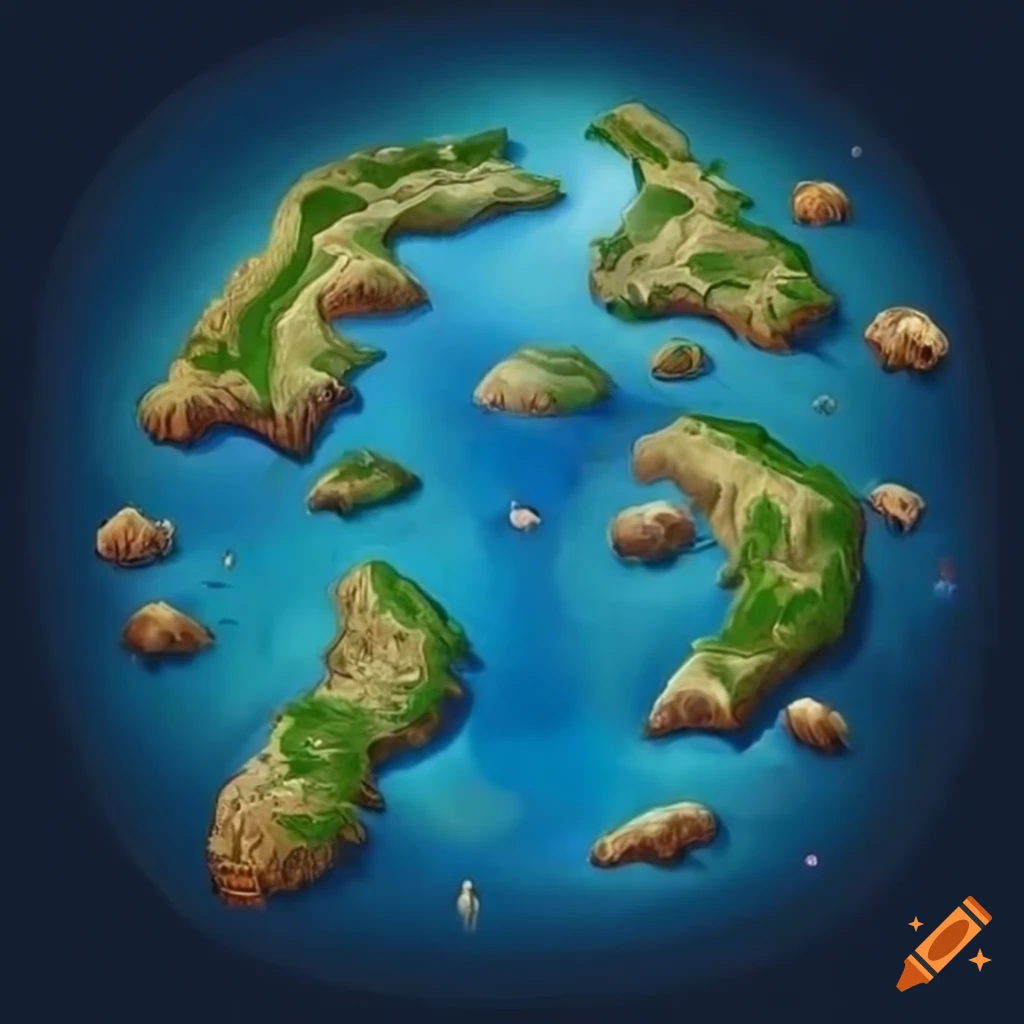 Detailed map of a magical fantasy land with five vast islands