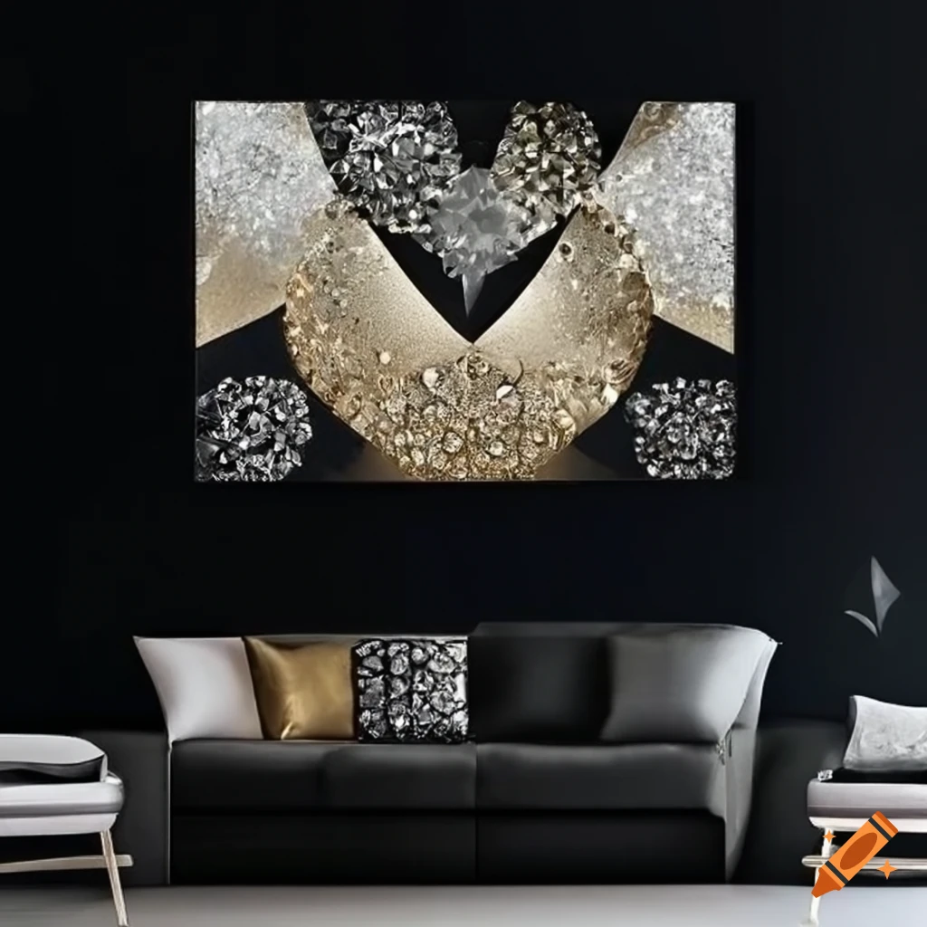 Abstract gold, white, and black wall decoration inspired by nature and diamonds