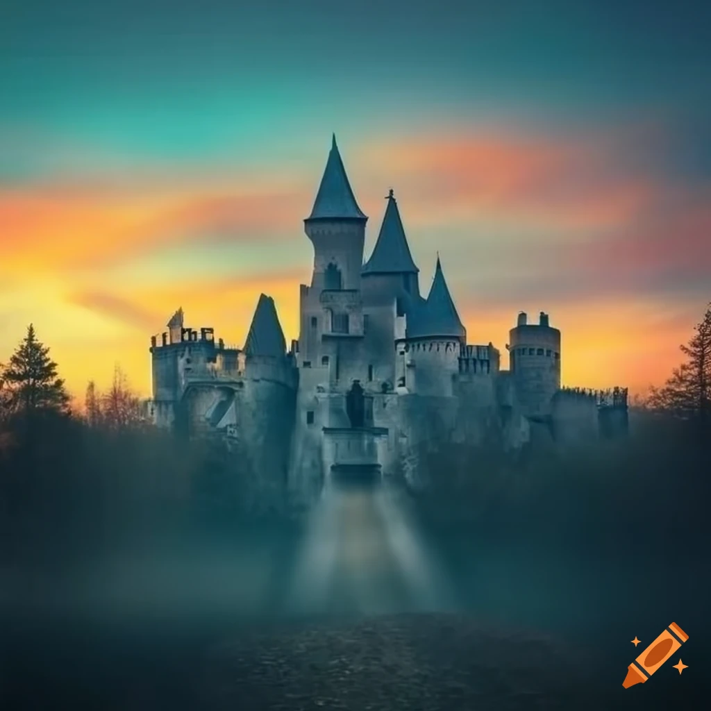 Huge castle in the woods with a sunset backdrop