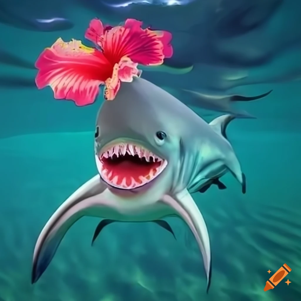 Friendly shark swimming in vibrant tropical waters with hibiscus flower crown