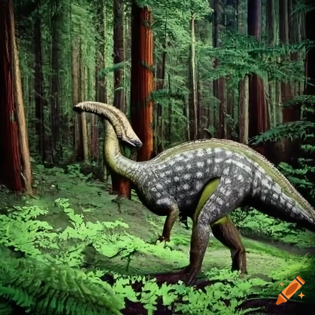 Two parasaurolophus in a forest clearing with ferns and fallen trees